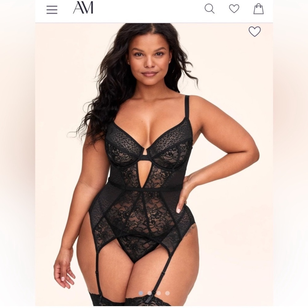 Adore Me Lynn Leopard Cheetah Floral Black Lace Bodysuit w Garters. Size 38DDD